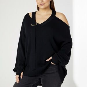 LucysWhims The Drop Black Buckle Cold Shoulder Slouchy Sweater V-Neck Size Small